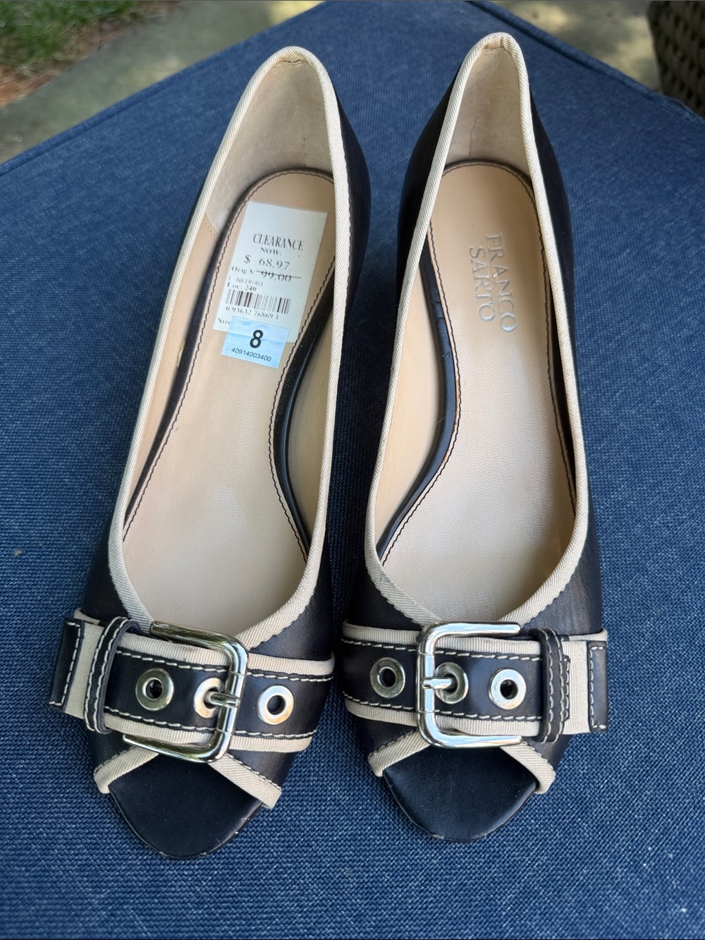 Franco Sarto Black and Cream Buckle Peep-Toe Heels
